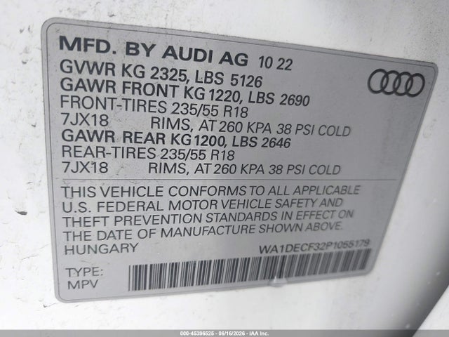 45396525 :رقم المزاد ، WA1DECF32P1055179 vin ، 2023 Audi Q3 Premium 45 Tfsi S Line Quattro Tiptronic مزاد بيع