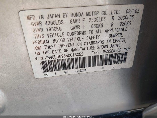 Aukcja sprzedaży 2005 Acura Tsx Base W/navigation (a5), vin: JH4CL96955C018352, numer aukcji: 45396527