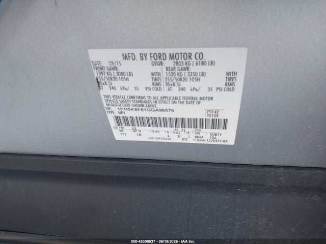 Ford Explorer Limited 2016 1FM5K8F81GGA98576 Image 9