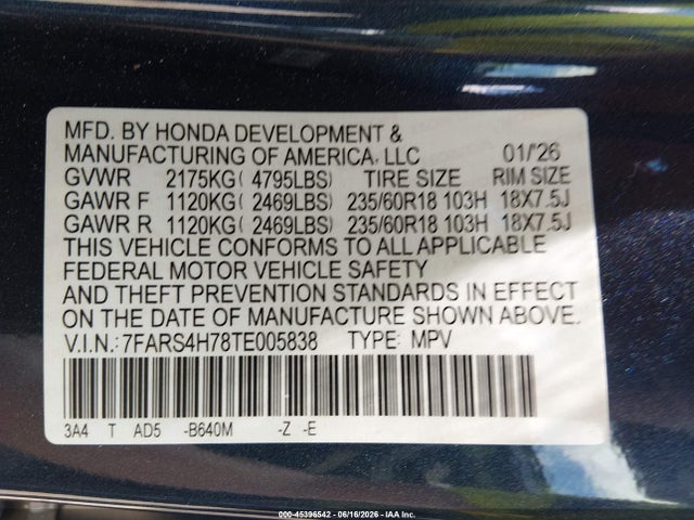 7FARS4H78TE005838 Honda Cr-v Ex-l Awd