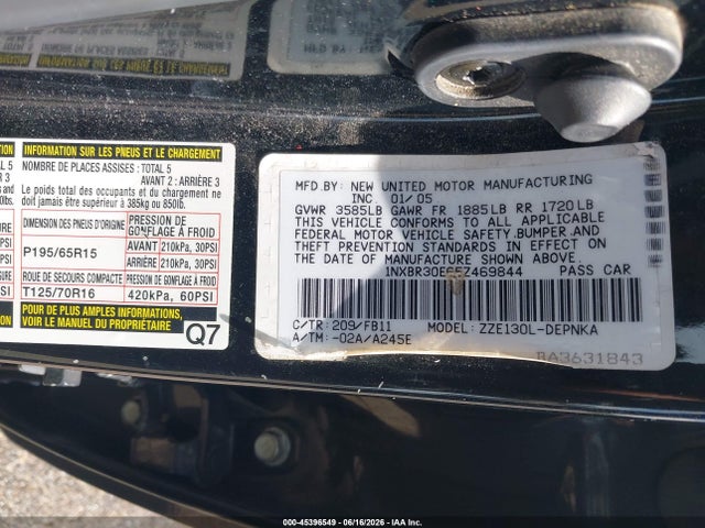 2005 Toyota Corolla Le მანქანა იყიდება აუქციონზე, vin: 1NXBR30E65Z469844, აუქციონის ნომერი: 45396549