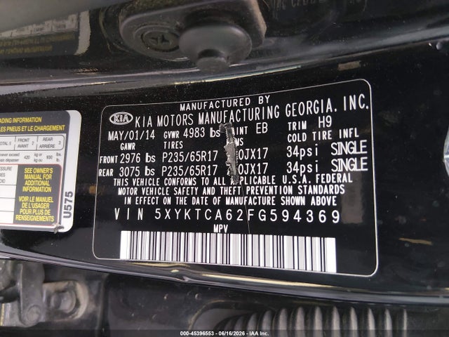KIA SORENTO LX 2015 5XYKTCA62FG594369 Image 9