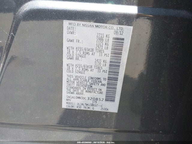 45396560 :رقم المزاد ، 5N1AL0MN3DC320852 vin ، 2013 Infiniti Jx35 مزاد بيع