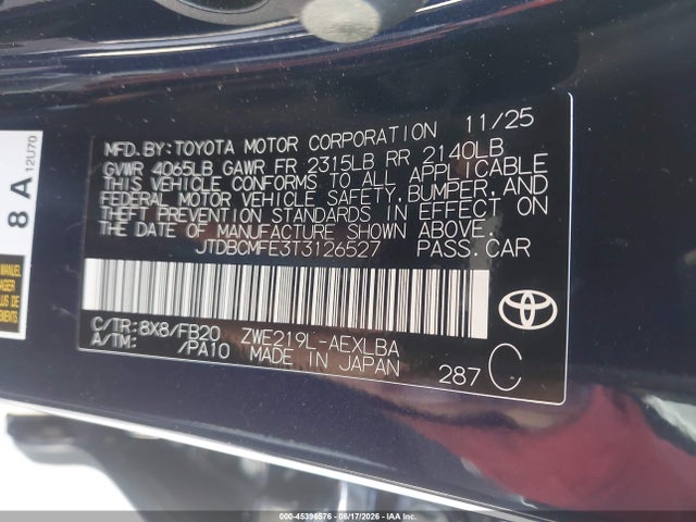 Продаж на аукціоні авто 2026 Toyota Corolla Hybrid Hybrid Le, vin: JTDBCMFE3T3126527, номер лоту: 45396576