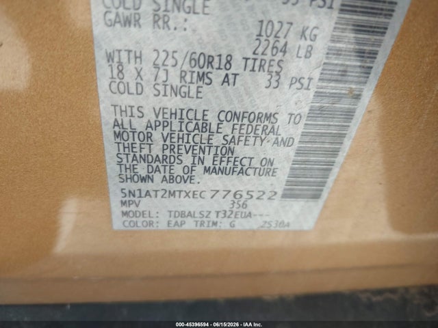 Aukcja sprzedaży 2014 Nissan Rogue Sl, vin: 5N1AT2MTXEC776522, numer aukcji: 45396594