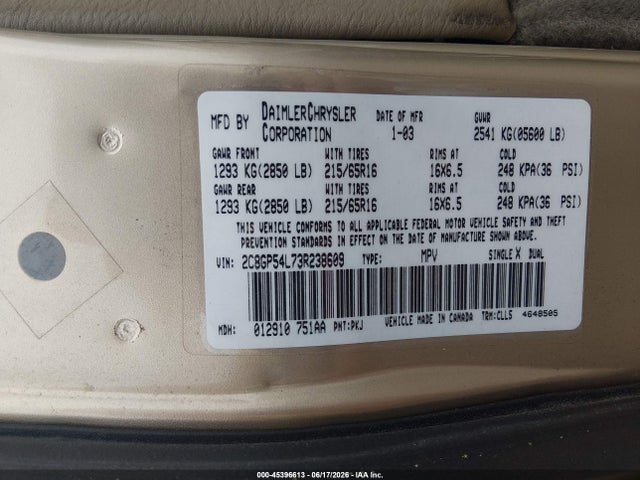 Aukcja sprzedaży 2003 Chrysler Town & Country Lxi, vin: 2C8GP54L73R238609, numer aukcji: 45396613