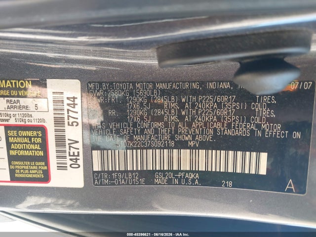 Aukcja sprzedaży 2007 Toyota Sienna Xle, vin: 5TDZK22C37S092118, numer aukcji: 45396621