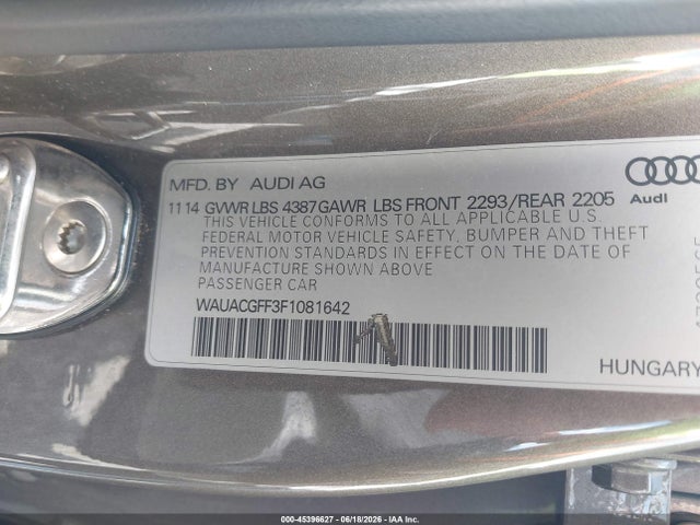 45396627 :رقم المزاد ، WAUACGFF3F1081642 vin ، 2015 Audi A3 1.8t Premium مزاد بيع