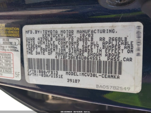 2004 Toyota Camry Le V6 მანქანა იყიდება აუქციონზე, vin: 4T1BF30K84U064551, აუქციონის ნომერი: 45396639