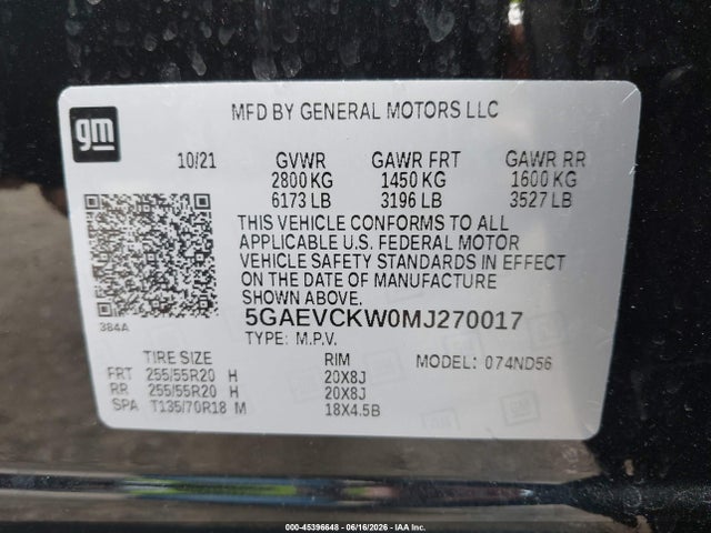 45396648 :رقم المزاد ، 5GAEVCKW0MJ270017 vin ، 2021 Buick Enclave Awd Avenir مزاد بيع