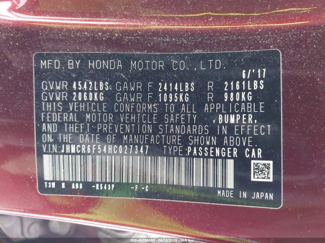 JHMCR6F54HC027347 Honda Accord Hybrid Ex-l