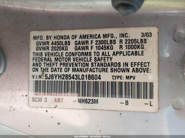 2003 Honda Element Ex მანქანა იყიდება აუქციონზე, vin: 5J6YH28543L018604, აუქციონის ნომერი: 45396668