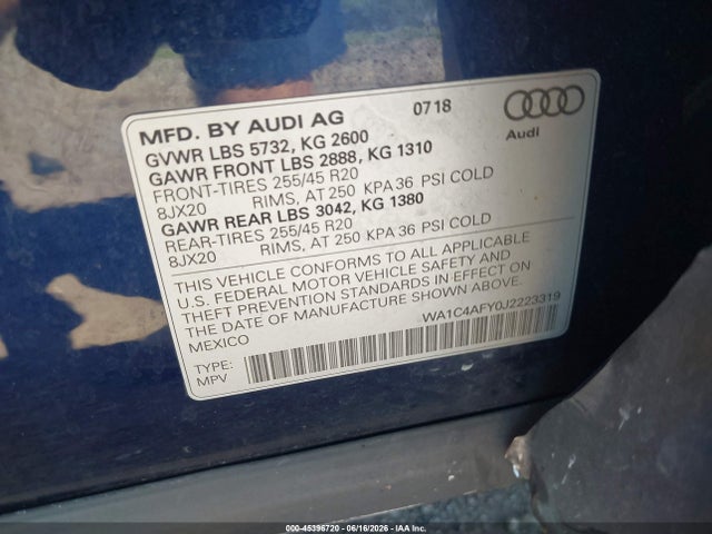 Aukcja sprzedaży 2018 Audi Sq5 3.0t Premium Plus, vin: WA1C4AFY0J2223319, numer aukcji: 45396720