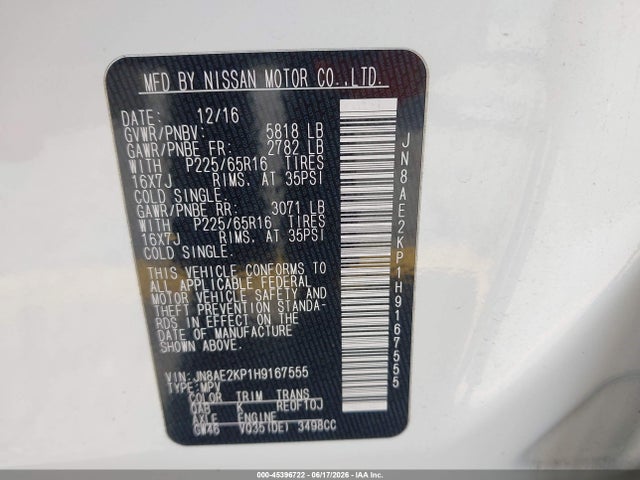 Nissan Quest Sv 2017 JN8AE2KP1H9167555 Image 9