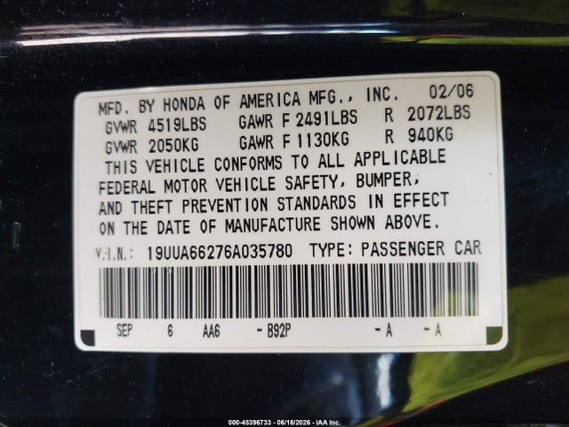 45396733 :رقم المزاد ، 19UUA66276A035780 vin ، 2006 Acura Tl مزاد بيع
