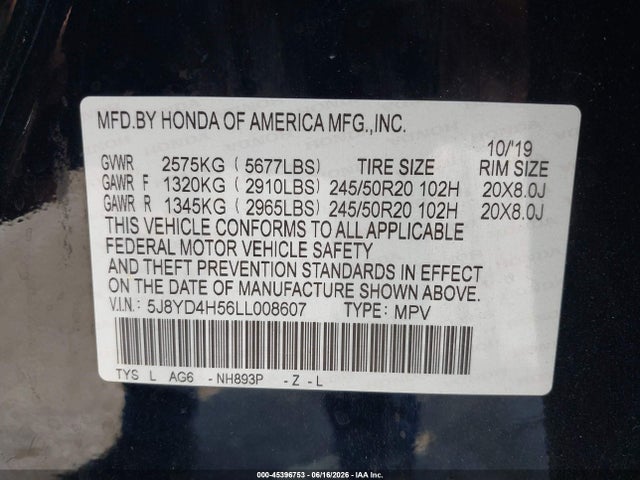 45396753 :رقم المزاد ، 5J8YD4H56LL008607 vin ، 2020 Acura Mdx Technology Package مزاد بيع