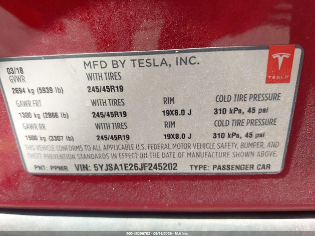 Продажа на аукционе авто 2018 Tesla Model S 100d/75d/p100d, vin: 5YJSA1E26JF245202, номер лота: 45396762