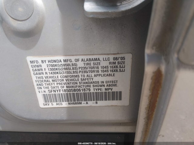 2005 Honda Pilot Ex-l მანქანა იყიდება აუქციონზე, vin: 5FNYF18505B061879, აუქციონის ნომერი: 45396770