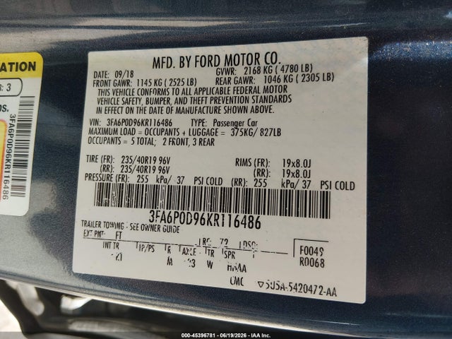 3FA6P0D96KR116486 Ford Fusion Titanium