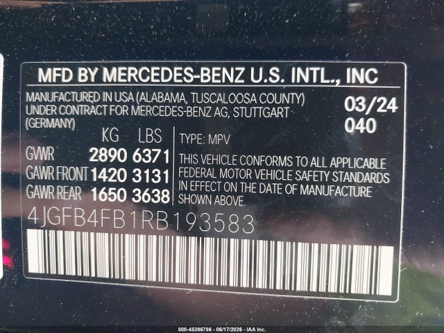 Aukcja sprzedaży 2024 Mercedes-benz Gle 350 4matic, vin: 4JGFB4FB1RB193583, numer aukcji: 45396786