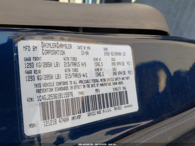 Aukcja sprzedaży 2001 Chrysler Voyager, vin: 1C4GJ25361B115976, numer aukcji: 45396795