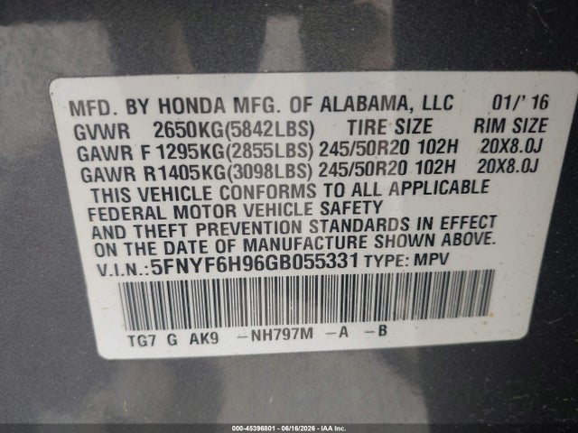 Honda Pilot Touring 2016 5FNYF6H96GB055331 Image 9
