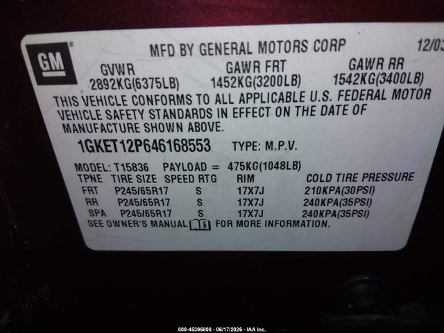 Aukcja sprzedaży 2004 Gmc Envoy Xuv Slt, vin: 1GKET12P646168553, numer aukcji: 45396808