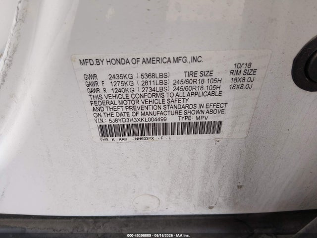 45396809 :رقم المزاد ، 5J8YD3H3XKL004499 vin ، 2019 Acura Mdx Standard مزاد بيع