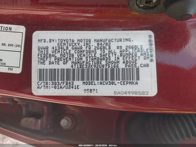 Aukcja sprzedaży 2002 Toyota Camry Le, vin: 4T1BE32K92U075166, numer aukcji: 45396811
