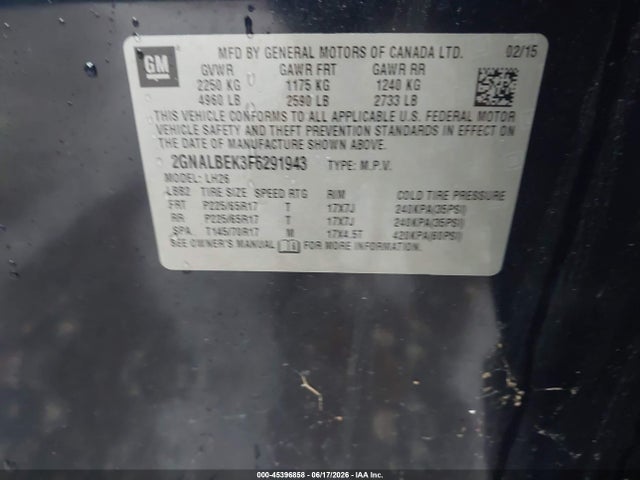 Продажа на аукционе авто 2015 Chevrolet Equinox Lt, vin: 2GNALBEK3F6291943, номер лота: 45396858