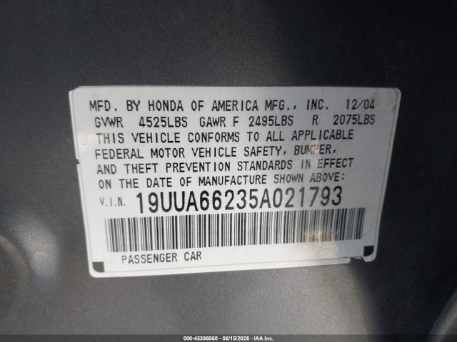 2005 Acura Tl მანქანა იყიდება აუქციონზე, vin: 19UUA66235A021793, აუქციონის ნომერი: 45396860