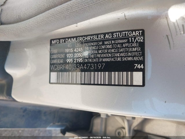 Aukcja sprzedaży 2003 Mercedes-benz C 230 Kompressor Sport, vin: WDBRF40J33A473197, numer aukcji: 45396881