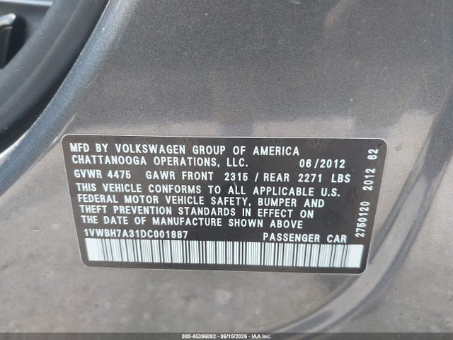 45396892 :رقم المزاد ، 1VWBH7A31DC001887 vin ، 2013 Volkswagen Passat 2.5l Se مزاد بيع