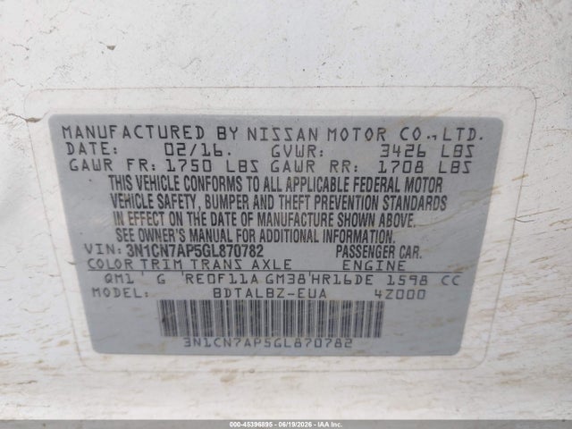 3N1CN7AP5GL870782 Nissan Versa 1.6 S/1.6 S+/1.6 Sl/1.6 Sv