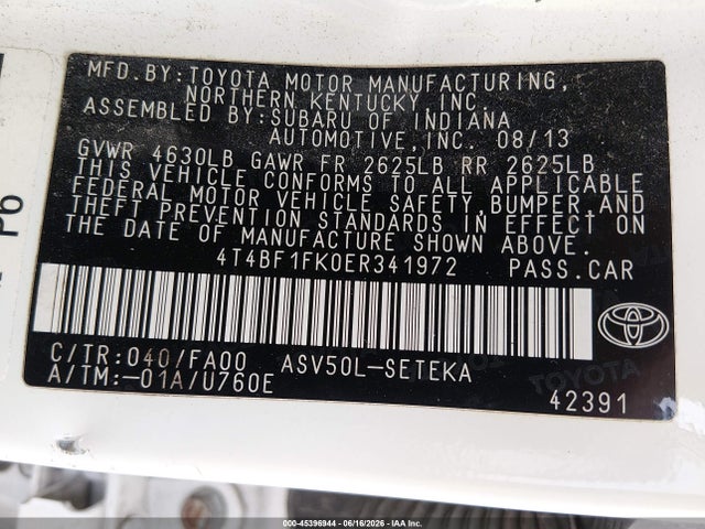 2014 Toyota Camry L მანქანა იყიდება აუქციონზე, vin: 4T4BF1FK0ER341972, აუქციონის ნომერი: 45396944