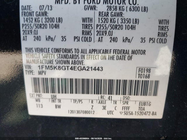 45396954 :رقم المزاد ، 1FM5K8GT4EGA21443 vin ، 2014 Ford Explorer Sport مزاد بيع