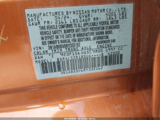 Продаж на аукціоні авто 2024 Nissan Sentra Sr Xtronic Cvt, vin: 3N1AB8DV6RY332162, номер лоту: 45396966