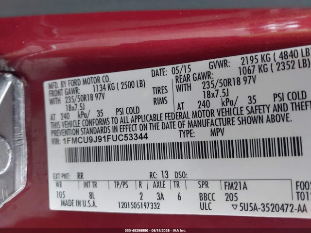 Ford Escape Titanium 2015 1FMCU9J91FUC53344 Image 9