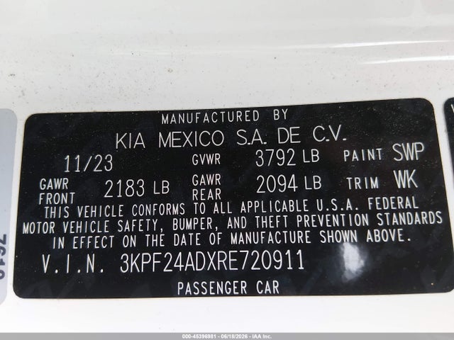 Aukcja sprzedaży 2024 Kia Forte Lxs, vin: 3KPF24ADXRE720911, numer aukcji: 45396981