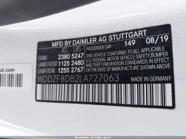 45396984 :رقم المزاد ، WDDZF8DB2LA727063 vin ، 2020 Mercedes-benz E 350 مزاد بيع
