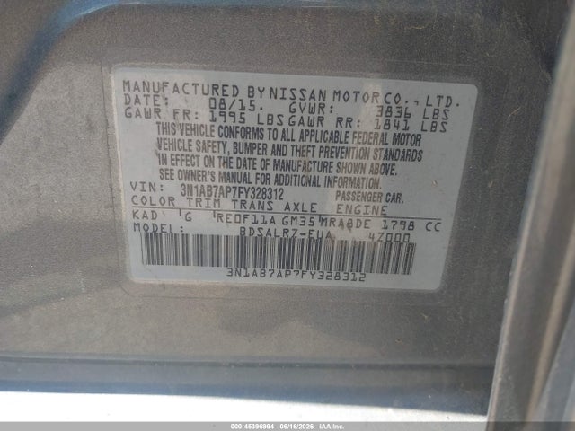 45396994 :رقم المزاد ، 3N1AB7AP7FY328312 vin ، 2015 Nissan Sentra Sr مزاد بيع