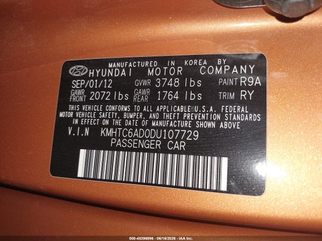 45396996 :رقم المزاد ، KMHTC6AD0DU107729 vin ، 2013 Hyundai Veloster Base W/black مزاد بيع