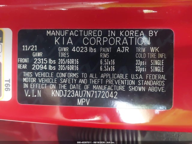 45397011 :رقم المزاد ، KNDJ23AU7N7172042 vin ، 2022 Kia Soul Lx مزاد بيع