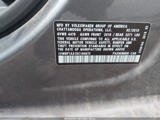 45397032 :رقم المزاد ، 1VWBP7A31DC100972 vin ، 2013 Volkswagen Passat 2.5l Se مزاد بيع