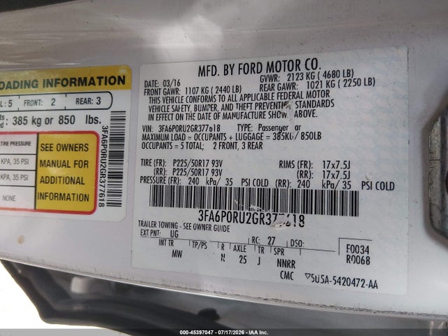 45397047 :رقم المزاد ، 3FA6P0RU2GR377618 vin ، 2016 Ford Fusion Hybrid Titanium مزاد بيع