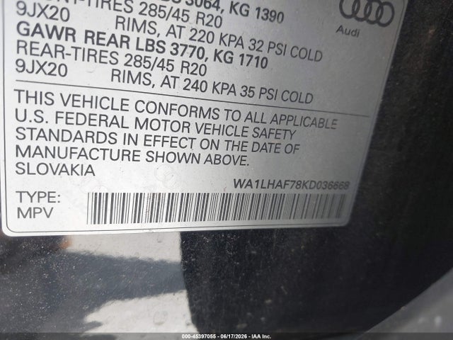 45397055 :رقم المزاد ، WA1LHAF78KD036668 vin ، 2019 Audi Q7 45 Premium/45 Se Premium مزاد بيع