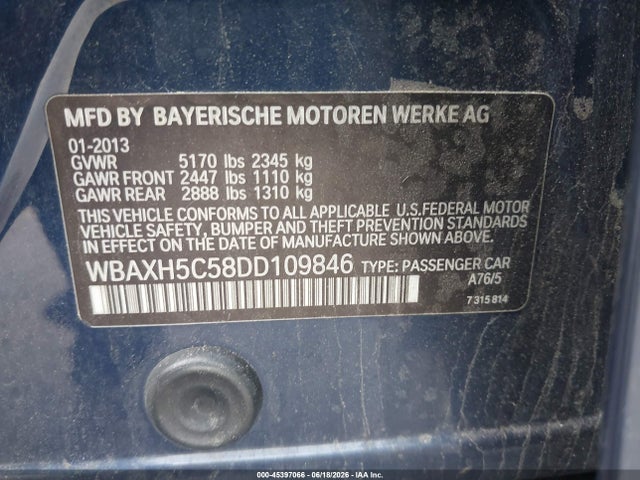 45397066 :رقم المزاد ، WBAXH5C58DD109846 vin ، 2013 Bmw 528i Xdrive مزاد بيع