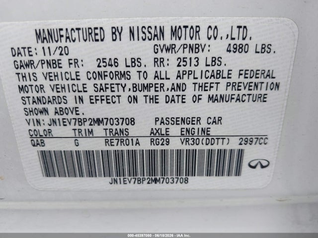 45397080 :رقم المزاد ، JN1EV7BP2MM703708 vin ، 2021 Infiniti Q50 Luxe مزاد بيع