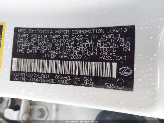 Aukcja sprzedaży 2013 Lexus Es 350, vin: JTHBK1GG6D2069165, numer aukcji: 45397096