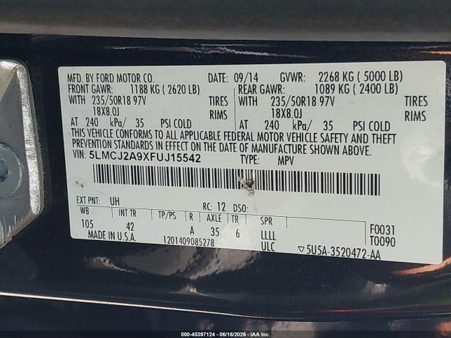 Продажа на аукционе авто 2015 Lincoln Mkc, vin: 5LMCJ2A9XFUJ15542, номер лота: 45397124